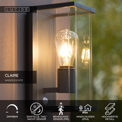 Lucide CLAIRE - Wandleuchte Innen/Außen - 1xE27 - IP54 - Bewegung und Tag/Nacht-Sensor - Anthrazit